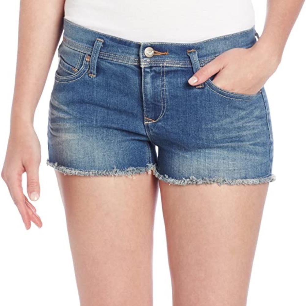 Roxy mid rise denim shorts with raw hem